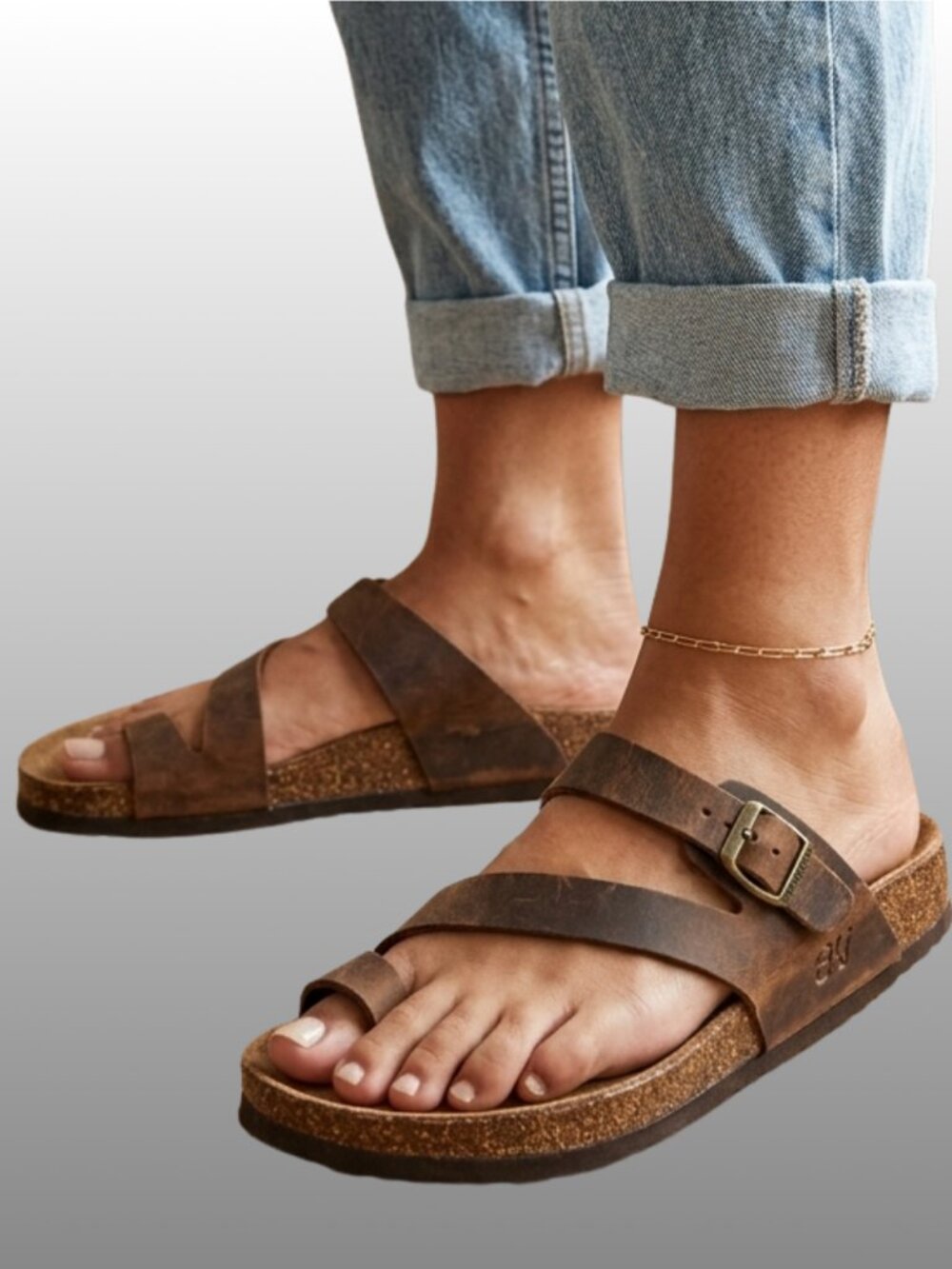 SoftMoc Mayari Leather Toe Loop Cork Footbed Sandals Brown 9 Arch Support EUC
